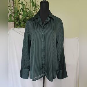 NWT Green And Black Stripes Satin Relaxed Button Up Shirt Size Small By Gap